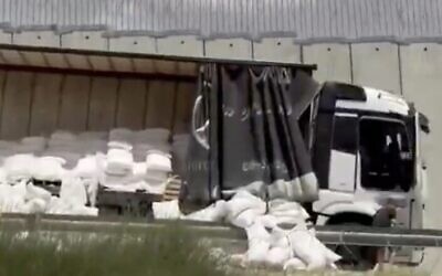 An aid convoy heading to the Gaza Strip that was attacked by protesters in the Hebron Hills region, May 13, 2023. (Video screenshot; used in accordance with Clause 27a of the Copyright Law)