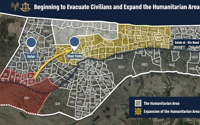 An IDF map of the civilian evacuation of Rafah ahead of the planned offensive, released May 6, 2024 (Israel Defense Forces) An IDF map of the civilian evacuation of Rafah ahead of the planned offensive, released May 6, 2024 (Israel Defense Forces)