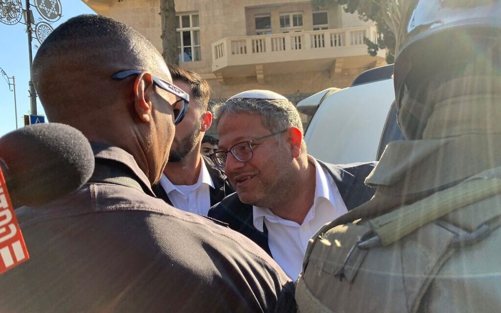 National Security Minister Itamar Ben Gvir interrupts the Jerusalem Pride Parade and is greeted by a booing crowd on May 30, 2024. (Charlie Summers/Times of Israel)