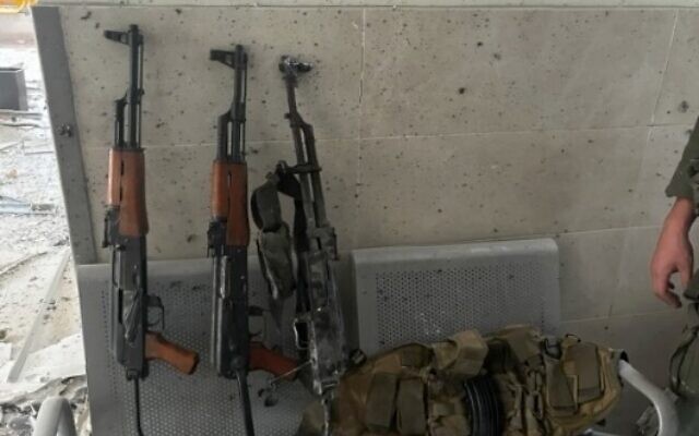 Weapons found in a health clinic in the Gaza City neighborhood of Zeitoun, May 11, 2024. (Israel Defense Forces)