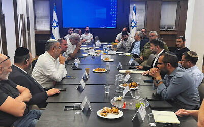 Finance Minister Bezalel Smotrich convenes the mayors of major West Bank settlements in the Finance Ministry to discuss opposition to a Palestinian state and efforts to increase settlement construction, May 8, 2024. (Courtesy Office of Finance Minister Bezalel Smotrich)