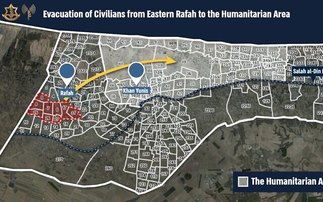 This map issued by the IDF, May 11, 2024 shows zones in Rafah that are to be evacuated amid a military offensive in the area. (Israel Defense Forces)