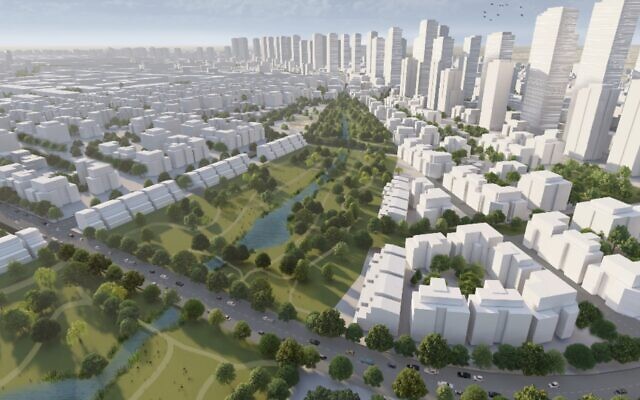 Plans envisage waterways flowing through neighborhoods in a rehabilitated Haifa Bay in northern Israel. (Yaar Architects/Israel Lands Authority)