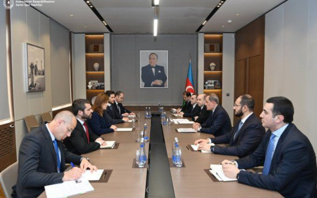 The head of the Foreign Ministry Political Strategic Division Aliza Bin-Noun meets with Azerbaijani Foreign Minister Jeyhun Bayramov in Baku, Azerbaijan, May 9, 2024. (Foreign Ministry of Israel)