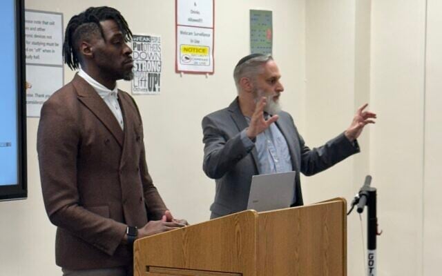 Rabbi Meir Muller, right, and Prof. Devin Randolph, left, teach a new antisemitism awareness course at South Carolina State University, in Orangeburg, spring of 2024. (Courtesy of Muller)