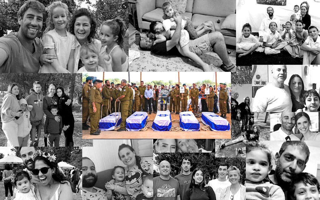 The 5 coffins of the Kotz family during their funeral in Gan Yavne, October 17, 2023. (Ohad Zwigenberg/ AP) surrounded by photos of the Kedem Siman Tov, Shosh, Shindler, Goldstein-Almog, Zak, Brodutch, Berdichevsky, Golan, Bibas, Kutz and Idan families, all of whom were among the many family units in which members were murdered, kidnapped or wounded by Hamas terrorists on October 7, 2024* The 5 coffins of the Kotz family during their funeral in Gan Yavne, October 17, 2023. (Ohad Zwigenberg/ AP) surrounded by photos of the Kedem Siman Tov, Shosh, Shindler, Goldstein-Almog, Zak, Brodutch, Berdichevsky, Golan, Bibas, Kutz and Idan families, all of whom were among the many family units in which members were murdered, kidnapped or wounded by Hamas terrorists on October 7, 2024*