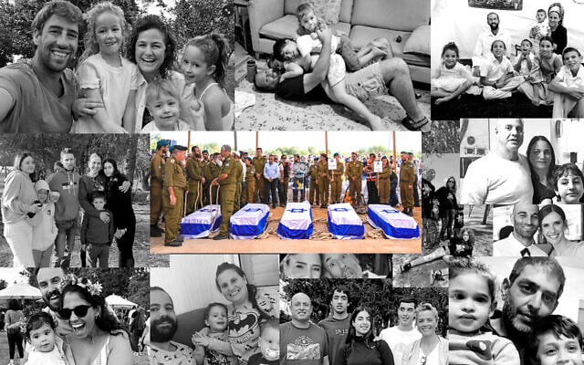The 5 coffins of the Kotz family during their funeral in Gan Yavne, October 17, 2023. (Ohad Zwigenberg/ AP) surrounded by photos of the Kedem Siman Tov, Shosh, Shindler, Goldstein-Almog, Zak, Brodutch, Berdichevsky, Golan, Bibas, Kutz and Idan families, all of whom were among the many family units in which members were murdered, kidnapped or wounded by Hamas terrorists on October 7, 2024*