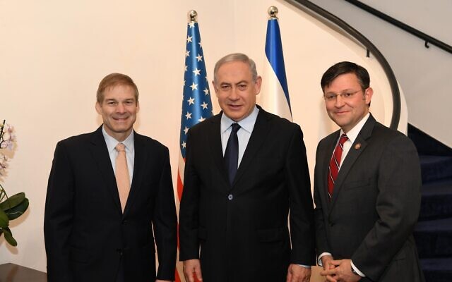 Rep Jim Jordan, Prime Minister Benjamin Netanyahu and Rep. Mike Johnson in Jerusalem on February 19, 2020. (Mike Johnson's office) Rep Jim Jordan, Prime Minister Benjamin Netanyahu and Rep. Mike Johnson in Jerusalem on February 19, 2020. (Mike Johnson's office)