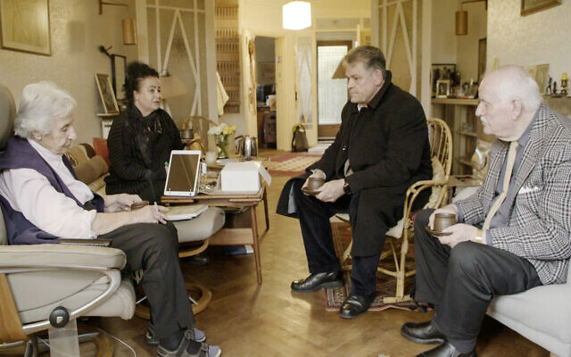 From left: Anita Lasker-Wallfisch, Maya Lasker-Wallfisch, Kai Hoss and Hans Jurgen Hoss meet at Anita's apartment in 'The Commandant's Shadow.' (Courtesy Warner Bros. Presents)