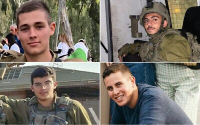 Top L-R: Sgt. Michael Ruzal and Staff Sgt. Ruben Marc Mordechai Assouline; bottom L-R: Staff Sgt. Ido Testa and Staff Sgt. Tal Shavit, killed in a Hamas rocket attack near Kerem Shalom, May 5, 2024. (Courtesy)