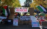 Stanford students camp out in front of the university's White Plaza to push the school to adopt more aggressive stances against Israel, Stanford, California, November 7, 2023. (Tayfun Cokun/Anadolu via Getty Images/ via JTA)