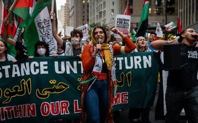 Nerdeen Kiswani, the leader of Within Our Lifetime, at a protest in Manhattan on September 17, 2021. (Luke Tress)