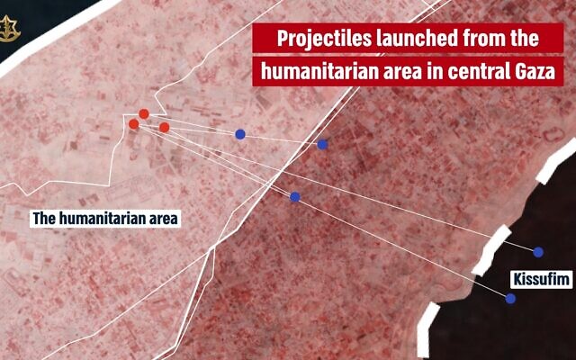 An IDF graphic showing the location of rocket launches and impacts from the Gaza Strip on June 14, 2024. (Israel Defense Forces) An IDF graphic showing the location of rocket launches and impacts from the Gaza Strip on June 14, 2024. (Israel Defense Forces)