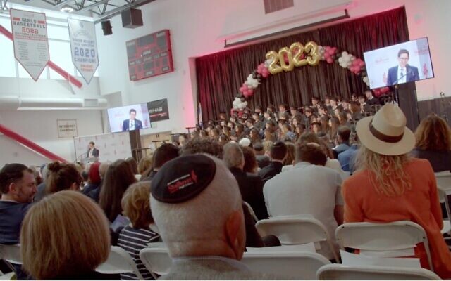 Head of Shalhevet High School Rabbi David Block speaks at the class of 2023 graduation. (Screenshot via Vimeo/via JTA)