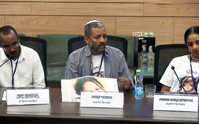 Tesfai Kasau, father of missing 9-year-old Haymanut, speaks to the Knesset Committee for Immigration, Absorption and Diaspora Affairs, June 18, 2024. (Screenshot/Knesset Channel, used in accordance with Clause 27a of the Copyright Law)