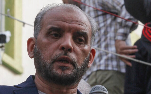 Senior Hamas member Husam Badran speaks during a funeral in the Burj al-Shamali camp for Palestinian refugees near the southern Lebanese coastal city of Tyre on December 12, 2021. (Mahmoud Zayyat/AFP) Senior Hamas member Husam Badran speaks during a funeral in the Burj al-Shamali camp for Palestinian refugees near the southern Lebanese coastal city of Tyre on December 12, 2021. (Mahmoud Zayyat/AFP)