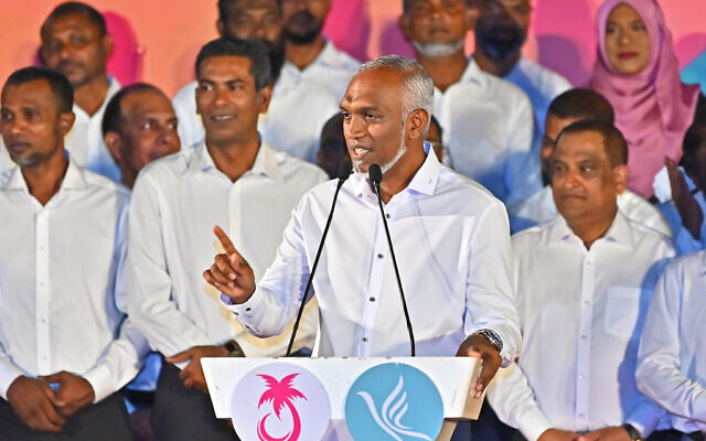 Maldives' President Mohamed Muizzu speaks at a rally to celebrate the victory in the parliamentary elections, in Male on April 22, 2024. (Mohamed Afrah/ AFP) Maldives' President Mohamed Muizzu speaks at a rally to celebrate the victory in the parliamentary elections, in Male on April 22, 2024. (Mohamed Afrah/ AFP)