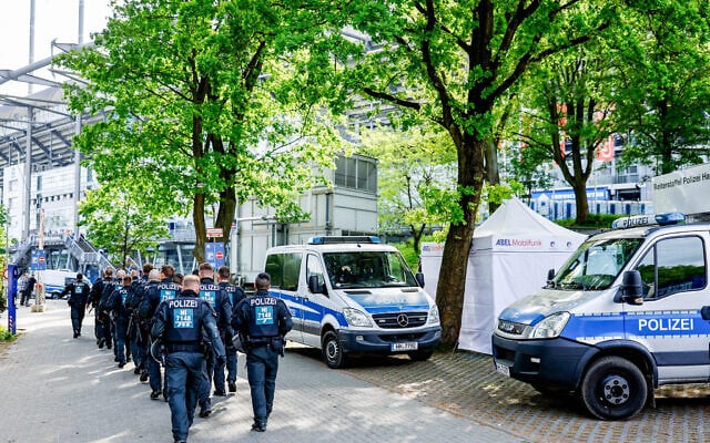 Police forces arrive outside the Volksparkstadion prior to the Bundesliga second division football match Hamburger SV vs FC St Pauli in Hamburg, northern Germany, on May 3, 2024. (Axel Heimken / AFP)