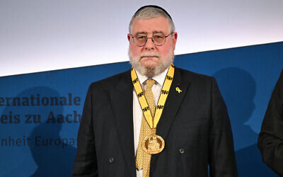 Pinchas Goldschmidt, Swiss-born rabbi and Jewish community leader, is pictured after receiving the International Charlemagne Prize of Aachen 2024 (Karlspreis) on May 9, 2024 in Aachen, western Germany. (INA FASSBENDER / AFP)
