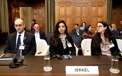 Israel's legal team waits to hear the arguments of South Africa's legal team as part of South Africa case against Israel over Rafah offensive at the International Court of Justice (ICJ) in The Hague, on May 16, 2024. (Nick Gammon/AFP)