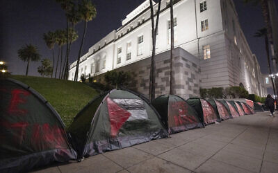 Tents are pictured at a pro-Palestinian encampment set up outside City Hall in downtown Los Angeles on June 3, 2024. (Etienne Laurent/AFP)
