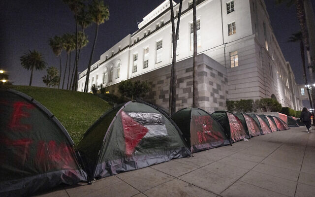 Tents are pictured at a pro-Palestinian encampment set up outside City Hall in downtown Los Angeles on June 3, 2024. (Etienne Laurent/AFP) Tents are pictured at a pro-Palestinian encampment set up outside City Hall in downtown Los Angeles on June 3, 2024. (Etienne Laurent/AFP)