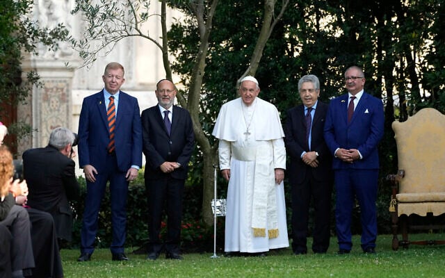 Pope Francis (center) poses for a photo with Raphael Schutz, the Israeli ambassador to the Holy See (first from left), Rabbi Abramo Alberto Funaro (second from left), Redouane Abdellah of Rome's Islamic Center (second from right) and Issa Kassissieh, the Palestinian Authority's ambassador to the Holy See (first from right) after an evening of peace prayers in the Vatican Gardens, at the Vatican, June 7, 2024. (Alessandra Tarantino / POOL / AFP) Pope Francis (center) poses for a photo with Raphael Schutz, the Israeli ambassador to the Holy See (first from left), Rabbi Abramo Alberto Funaro (second from left), Redouane Abdellah of Rome's Islamic Center (second from right) and Issa Kassissieh, the Palestinian Authority's ambassador to the Holy See (first from right) after an evening of peace prayers in the Vatican Gardens, at the Vatican, June 7, 2024. (Alessandra Tarantino / POOL / AFP)
