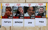Posters depicting the portraits of rescued Israeli hostages Andrey Kozlov, 27, Noa Argamani, 26, Shlomi Ziv, 41, and Almog Meir Jan, 22, are plastered on a wall in Tel Aviv on June 8, 2024. The text underneath reads 'it's so good you came home.' (Gil Cohen-Magen/AFP)