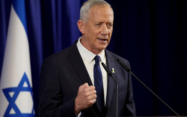 Former war cabinet minister Benny Gantz announces his resignation during a televised address in Ramat Gan, June 9, 2024. (Jack Guez/AFP) Former war cabinet minister Benny Gantz announces his resignation during a televised address in Ramat Gan, June 9, 2024. (Jack Guez/AFP)