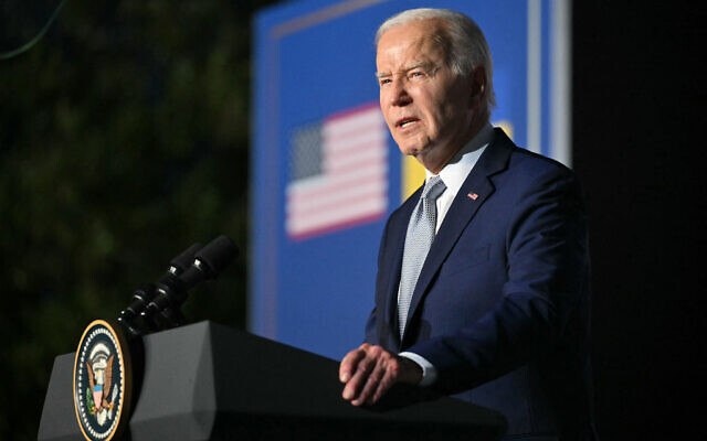 US President Joe Biden speaks on the sidelines of the G7 Summit hosted by Italy in Apulia region, on June 13, 2024 in Savelletri. (Mandel Ngan/AFP) US President Joe Biden speaks on the sidelines of the G7 Summit hosted by Italy in Apulia region, on June 13, 2024 in Savelletri. (Mandel Ngan/AFP)