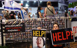 Relatives and supporters of hostages held in the Gaza Strip by Hamas terrorists since the October 7, 2023, attack on Israel, take part in a demonstration calling for their release in Tel Aviv on June 15, 2024. (Jack Guez / AFP)