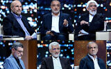 This combination created on June 18, 2024 of handout pictures provided by the Islamic Republic of Iran Broadcasting (IRIB) shows Presidential candidates (clockwise) Mohammad Bagher Ghalibaf, Alireza Zakani, Mostafa Pourmohammadi, Masoud Pezeshkian, Saeed Jalili, and Amirhossein Ghazizadeh-Hashemi during a debate at the Iran State television studio in Tehran on June 17, 2024. (MORTEZA FAKHRINEJAD / IRIB / AFP)