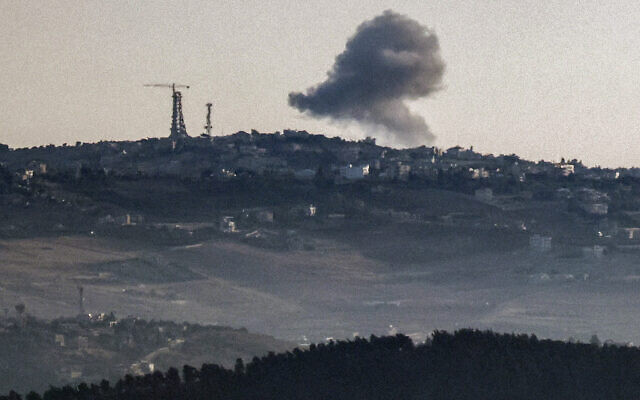 A smoke plume billows during Israeli strikes across the border in southern Lebanon, from a position along the border in northern Israel on June 18, 2024. (Jalaa Marey/AFP)
