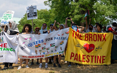 Anti-Israel and pro-Palestinian protestors demonstrate at a rally for Rep. Jamaal Bowman (D-NY) at St. Mary's Park on June 22, 2024 in the Bronx borough of New York City. (David Dee Delgado/GETTY IMAGES NORTH AMERICA/Getty Images via AFP)