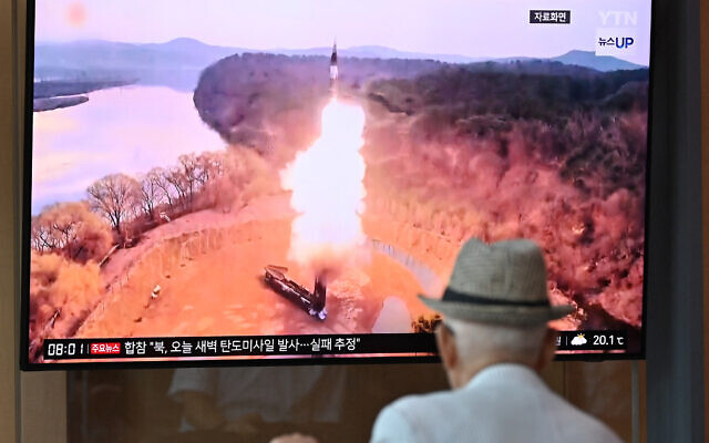 A man watches a television screen showing a news broadcast with file footage of a North Korean missile test, at a train station in Seoul on June 26, 2024. (Jung Yeon-je/AFP) A man watches a television screen showing a news broadcast with file footage of a North Korean missile test, at a train station in Seoul on June 26, 2024. (Jung Yeon-je/AFP)