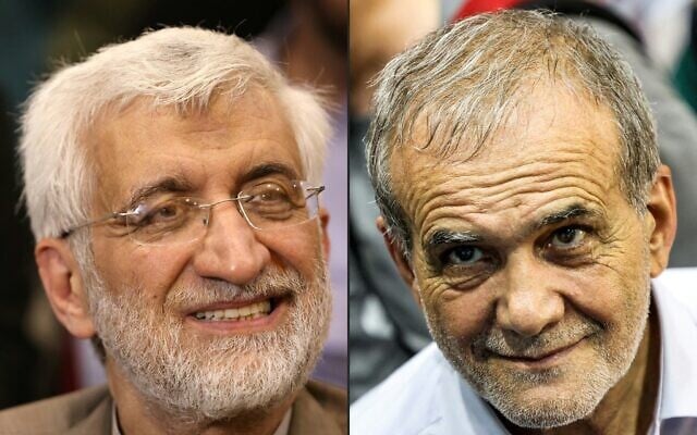 This combination of pictures created on June 29, 2024 shows (L) Iranian presidential candidate and ultraconservative former nuclear negotiator Saeed Jalili as he attends his election campaign rally at Sharif University in Tehran, June 22, 2024, and (R) lawmaker and former health minister Massoud Pezeshkian, a reformist candidate for Iranian president, at a campaign rally at Afrasiabi Stadium in Tehran, June 23, 2024. (Atta Kenare / AFP) This combination of pictures created on June 29, 2024 shows (L) Iranian presidential candidate and ultraconservative former nuclear negotiator Saeed Jalili as he attends his election campaign rally at Sharif University in Tehran, June 22, 2024, and (R) lawmaker and former health minister Massoud Pezeshkian, a reformist candidate for Iranian president, at a campaign rally at Afrasiabi Stadium in Tehran, June 23, 2024. (Atta Kenare / AFP)