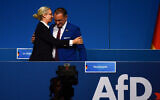 Co-leaders of the far-right Alternative for Germany (AfD) party Tino Chrupalla (R) and Alice Weidel during a party congress in Essen, on June 29, 2024. (Volker Hartmann/AFP)