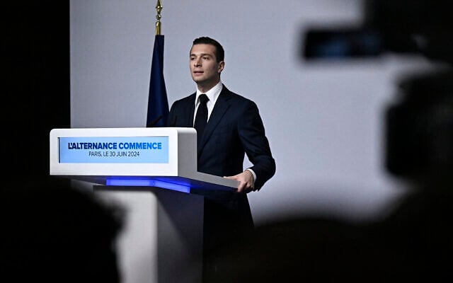French far-right Rassemblement National (RN) political party president and lead MEP Jordan Bardella gives a speech during the results evening of the first round of the parliamentary elections in Paris on June 30, 2024. (Julien De Rosa/ AFP)