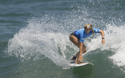 Anat Lelior competes during the first round of the women's surfing competition at the 2020 Summer Olympics, July 25, 2021, at Tsurigasaki Beach in Ichinomiya, Japan. (AP Photo/ Francisco Seco/ File)