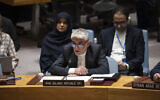 Iran's UN ambassador, Amir Saeid Iravani, addresses the United Nations Security Council chamber during an emergency meeting at UN headquarters, April 14, 2024. (AP Photo/Yuki Iwamura)