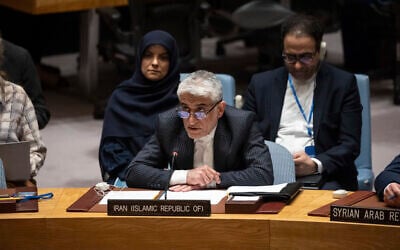 Iran's UN ambassador, Amir Saeid Iravani, addresses the United Nations Security Council chamber during an emergency meeting at UN headquarters, April 14, 2024. (AP Photo/Yuki Iwamura)