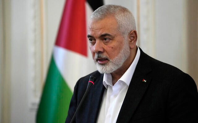 Hamas chief Ismail Haniyeh speaks during a press briefing after his meeting with Iranian Foreign Minister Hossein Amirabdollahian in Tehran, Iran, March 26, 2024. (AP Photo/Vahid Salemi)