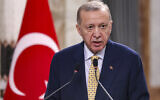 Turkish President Recep Tayyip Erdogan speaks during a joint statement to the media in Baghdad, Iraq, April 22, 2024. (Ahmad Al-Rubaye/Pool via AP)