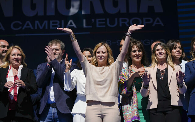 Italian Premier Giorgia Meloni, center, and Brothers of Italy fellow party members and candidates wave from the stage during an electoral rally ahead of the EU parliamentary elections in Rome, June 1, 2024. (AP/Alessandra Tarantino) Italian Premier Giorgia Meloni, center, and Brothers of Italy fellow party members and candidates wave from the stage during an electoral rally ahead of the EU parliamentary elections in Rome, June 1, 2024. (AP/Alessandra Tarantino)