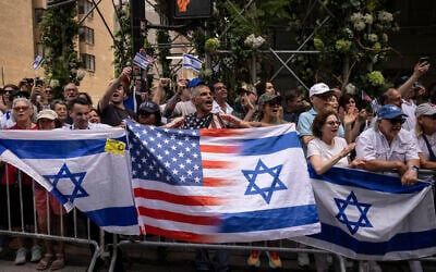 People holding Israeli flags gather for the annual Israel Day Parade on Fifth Avenue on June 2, 2024, in New York. (AP Photo/Yuki Iwamura)