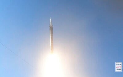 This frame grab from video released by the Ansar Allah Media Office of Yemen's Houthi rebels on June 5, 2024, shows the launch of a Palestine missile from a rebel-controlled area of Yemen. (Ansar Allah Media Office via AP)