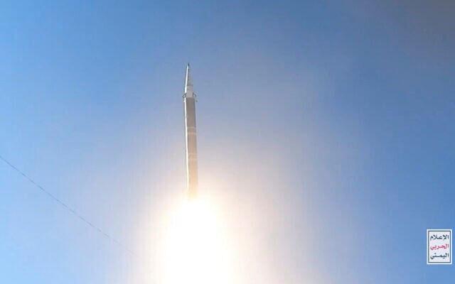 This frame grab from video released by the Ansar Allah Media Office of Yemen's Houthi rebels on June 5, 2024, shows the launch of a Palestine missile from a rebel-controlled area of Yemen. (Ansar Allah Media Office via AP) This frame grab from video released by the Ansar Allah Media Office of Yemen's Houthi rebels on June 5, 2024, shows the launch of a Palestine missile from a rebel-controlled area of Yemen. (Ansar Allah Media Office via AP)