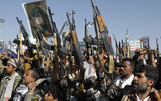 Houthi supporters attend a rally against the war in the Gaza Strip and the US-led bombing in Yemen in Sanaa on Friday, June 7, 2024. (AP/Osamah Abdulrahman)