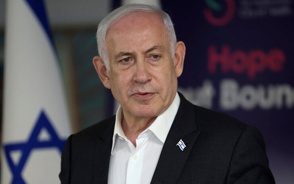 Prime Minister Benjamin Netanyahu speaks during a news conference at the Sheba Tel Hashomer Hospital in Ramat Gan, Israel, June 8, 2024. (Jack Guez/Pool Photo via AP) Prime Minister Benjamin Netanyahu speaks during a news conference at the Sheba Tel Hashomer Hospital in Ramat Gan, Israel, June 8, 2024. (Jack Guez/Pool Photo via AP)
