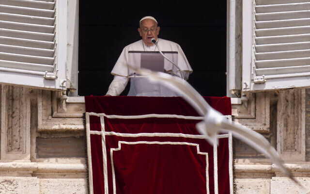 A seagull flies in front of Pope Francis during his appearance at his studio's window overlooking St. Peter's Square at The Vatican, June 9, 2024 (AP Photo/Domenico Stinellis) A seagull flies in front of Pope Francis during his appearance at his studio's window overlooking St. Peter's Square at The Vatican, June 9, 2024 (AP Photo/Domenico Stinellis)